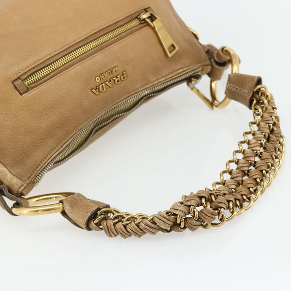 PRADA Chain Shoulder Bag Leather Beige Gold Auth 178257