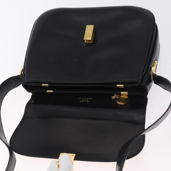 CELINE Schoudertas Leer Zwart Goud Auth 178275