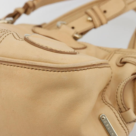 CELINE Hand Bag Leather Beige Gold Auth 178305A
