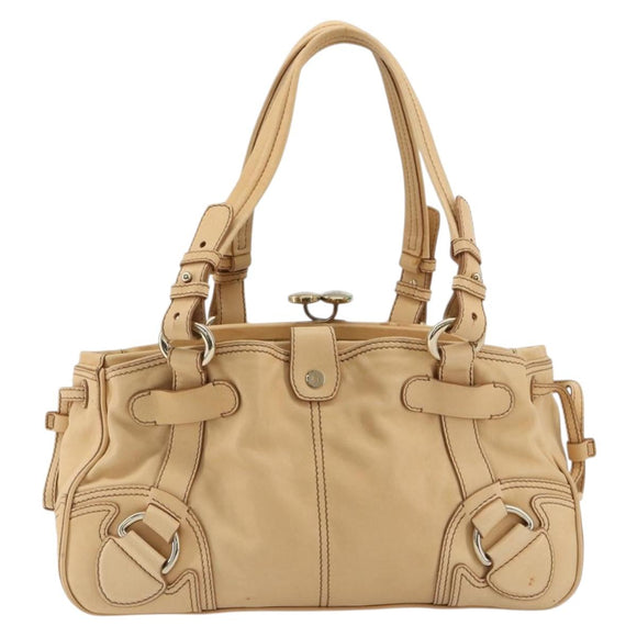 CELINE Hand Bag Leather Beige Gold Auth 178305A