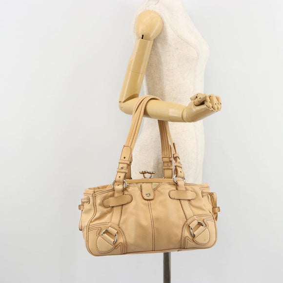CELINE Hand Bag Leather Beige Gold Auth 178305A