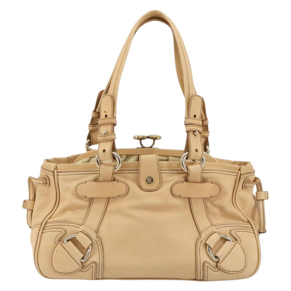 CELINE Hand Bag Leather Beige Gold Auth 178305A