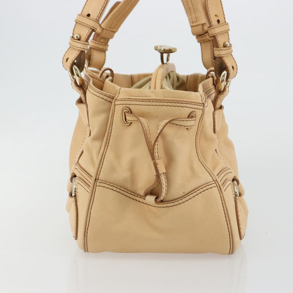 CELINE Hand Bag Leather Beige Gold Auth 178305A