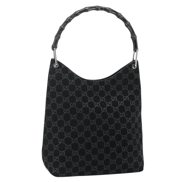 GUCCI Bamboo GG Canvas Shoulder Bag Suede Black Silver 001 3006 Auth 178314