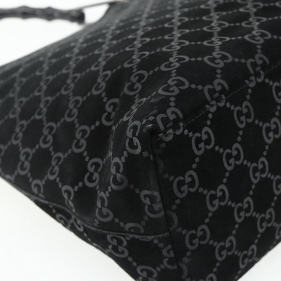 GUCCI Bamboo GG Canvas Shoulder Bag Suede Black Silver 001 3006 Auth 178314