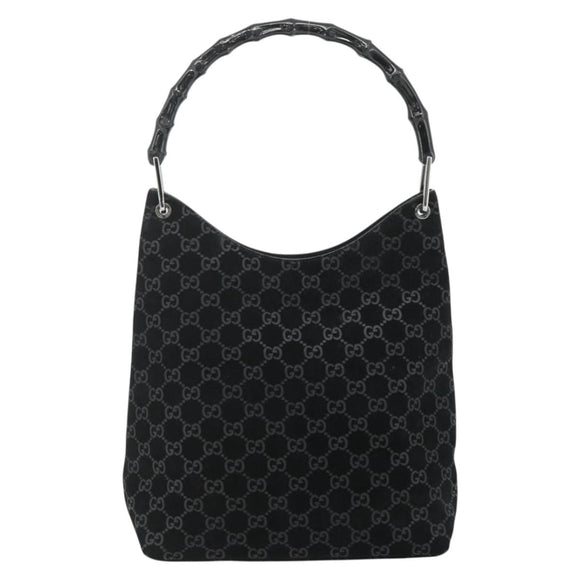 GUCCI Bamboo GG Canvas Shoulder Bag Suede Black Silver 001 3006 Auth 178314