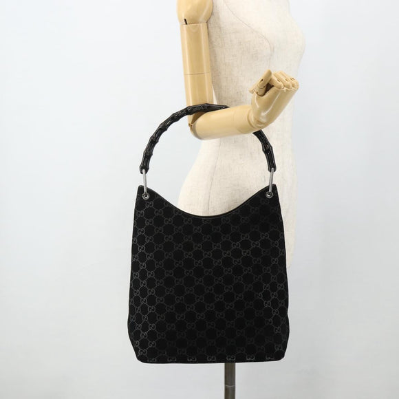 GUCCI Bamboo GG Canvas Shoulder Bag Suede Black Silver 001 3006 Auth 178314