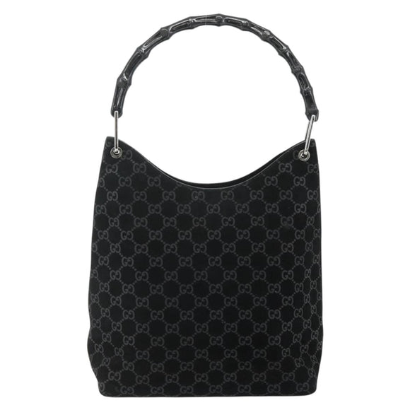 GUCCI Bamboo GG Canvas Shoulder Bag Suede Black Silver 001 3006 Auth 178314