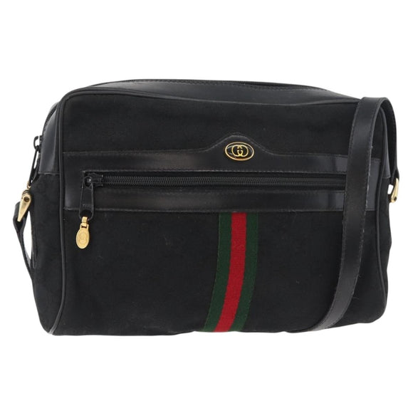 GUCCI GG Canvas Web Sherry Line Shoulder Bag Black Gold 001 4071 5 Auth 178333A