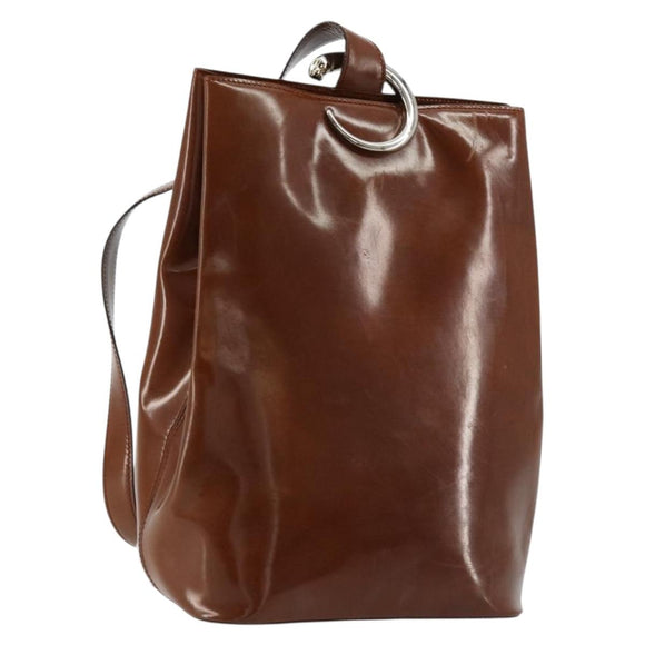 CARTIER PANTHERE Shoulder Bag Patent leather Brown Silver Auth 178367
