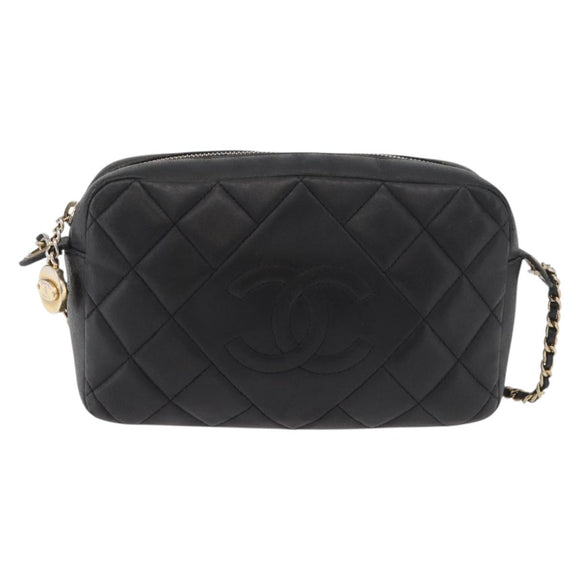 CHANEL Matelasse Chain Shoulder Bag Lamb Skin Black Gold CC Auth 178381A