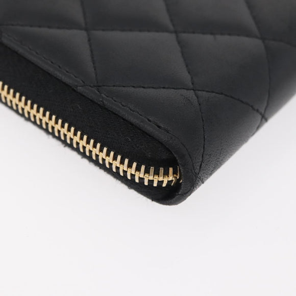 CHANEL Matelasse Long Wallet Lamb Skin Black Gold CC Auth 178384M