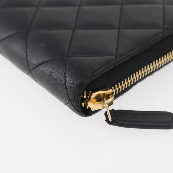 CHANEL Matelasse Long Wallet Lamb Skin Black Gold CC Auth 178384M