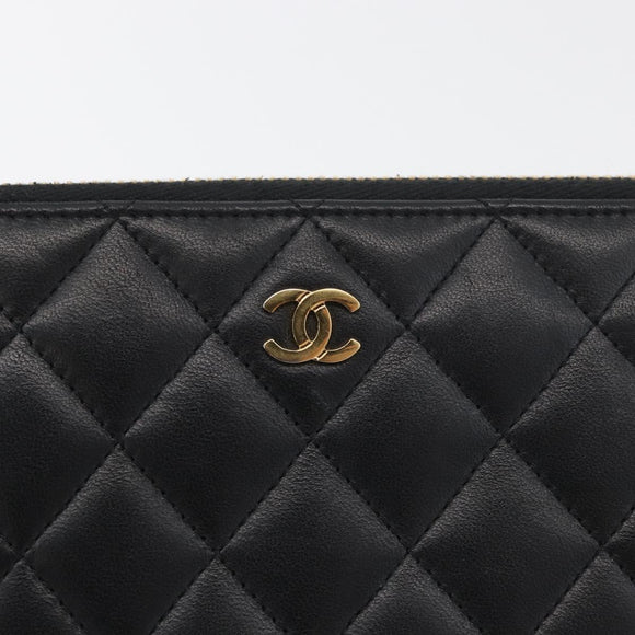 CHANEL Matelasse Long Wallet Lamb Skin Black Gold CC Auth 178384M