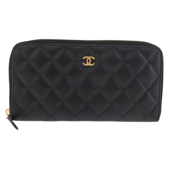 CHANEL Matelasse Long Wallet Lamb Skin Black Gold CC Auth 178384M