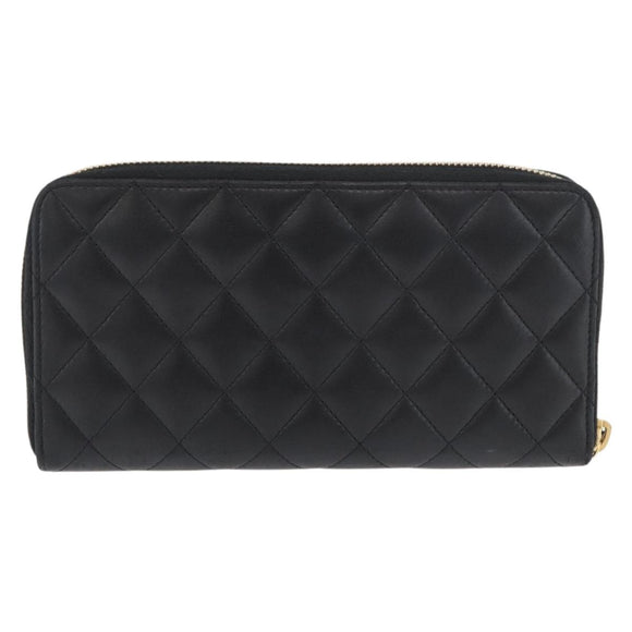 CHANEL Matelasse Long Wallet Lamb Skin Black Gold CC Auth 178384M
