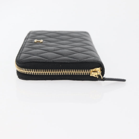 CHANEL Matelasse Long Wallet Lamb Skin Black Gold CC Auth 178384M