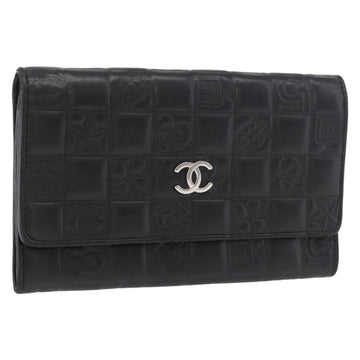 CHANEL Icon Line Wallet Lamb Skin Black Silver CC Auth 178385M