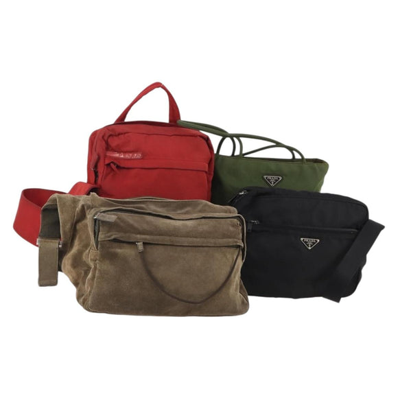 PRADA Shoulder Bag Nylon 4 Set Khaki Black Red Auth 178408