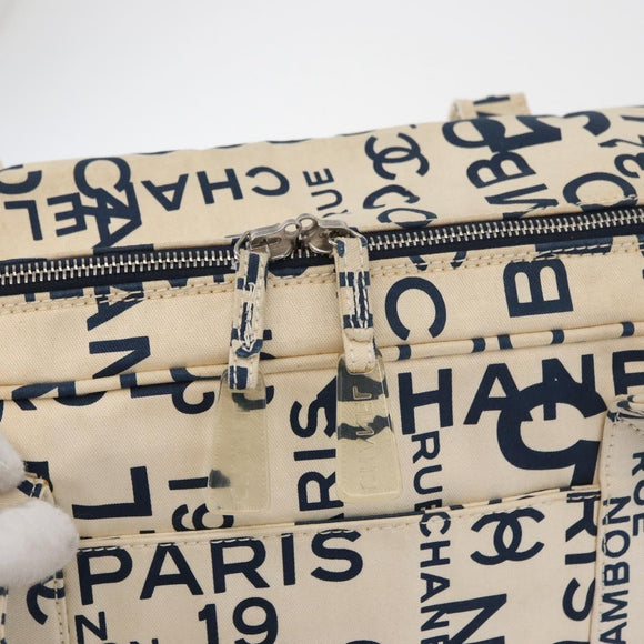 CHANEL By Sea Line Tote Bag Canvas Wit Zilver CC Auth 178508