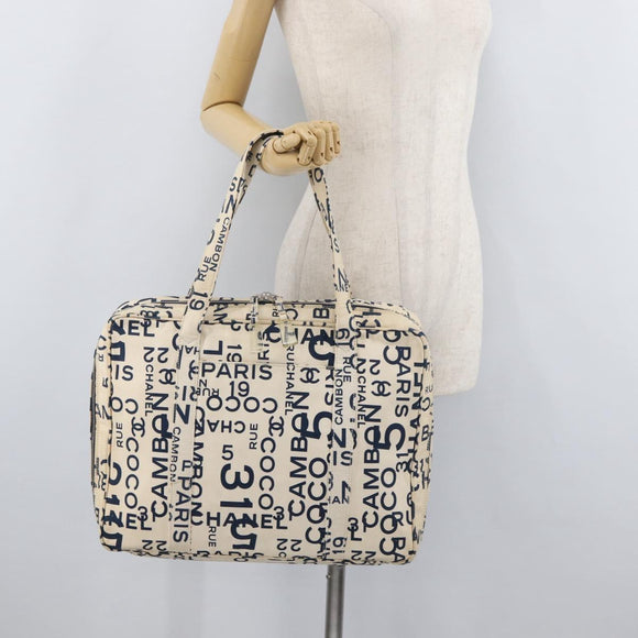 CHANEL By Sea Line Tote Bag Canvas Wit Zilver CC Auth 178508