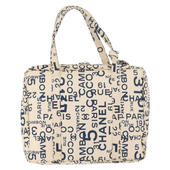 CHANEL By Sea Line Tote Bag Canvas Wit Zilver CC Auth 178508