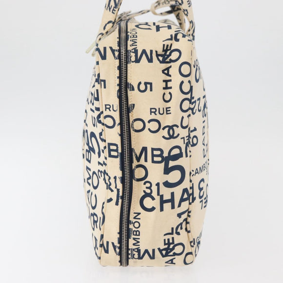 CHANEL By Sea Line Tote Bag Canvas Wit Zilver CC Auth 178508