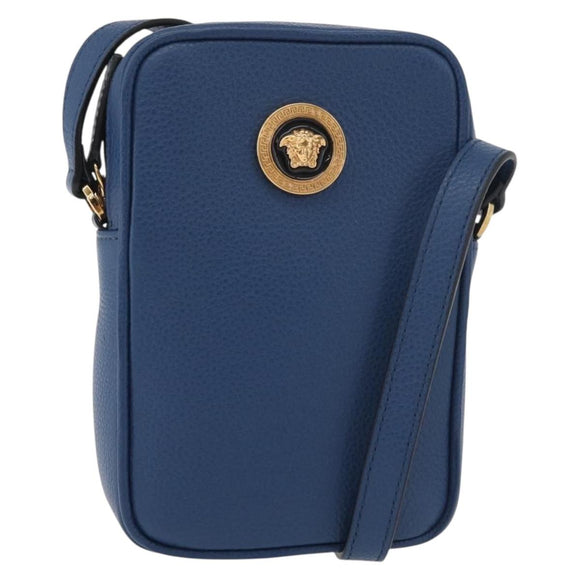 VERSACE Shoulder Bag Leather Blue Gold Auth 178510A