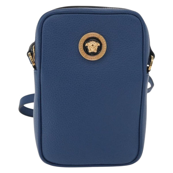 VERSACE Shoulder Bag Leather Blue Gold Auth 178510A