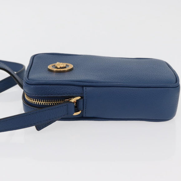 VERSACE Shoulder Bag Leather Blue Gold Auth 178510A