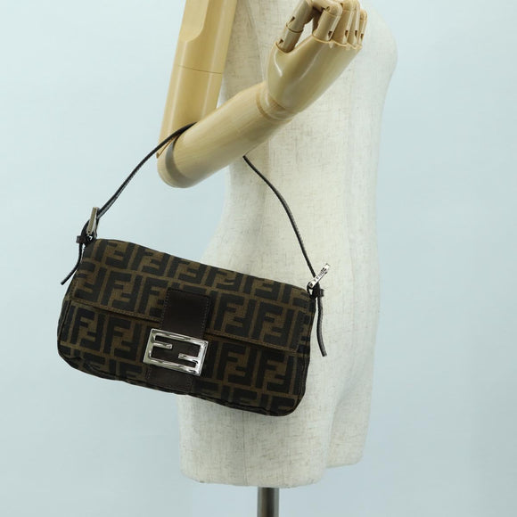 FENDI Zucca Canvas Mamma Baguette Shoulder Bag Black Brown Auth 178519SAV