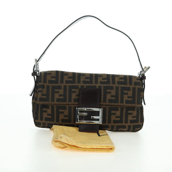 FENDI Zucca Canvas Mamma Baguette Shoulder Bag Black Brown Auth 178519SAV