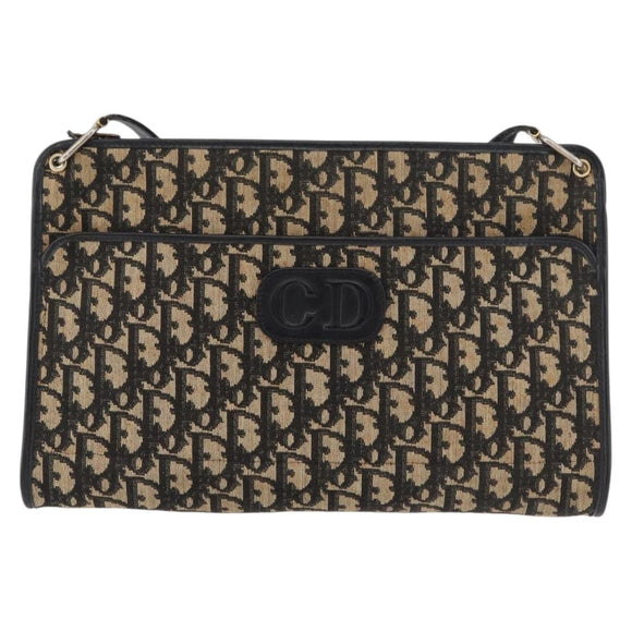 Christian Dior Trotter Canvas Shoulder Bag Navy Gold Auth 178534