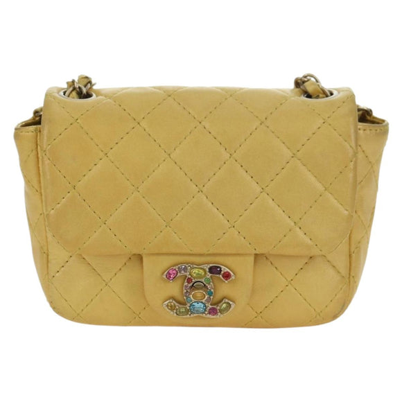 CHANEL Mini Matelasse 16 Chain Bag Lamb Skin Yellow Gold CC Auth 178543SAV