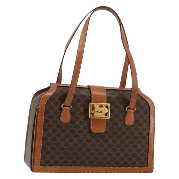 CELINE Macadam Canvas Handtas PVC Leer Bruin Goud Auth 178576A