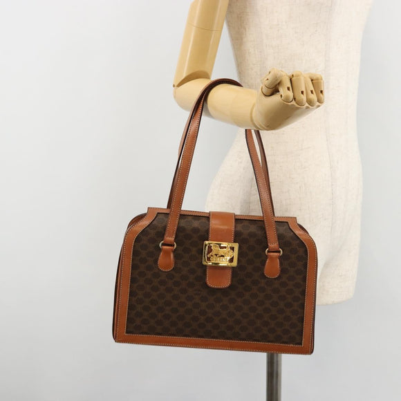 CELINE Macadam Canvas Handtas PVC Leer Bruin Goud Auth 178576A