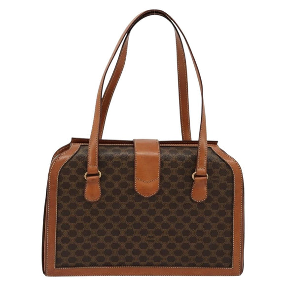 CELINE Macadam Canvas Handtas PVC Leer Bruin Goud Auth 178576A