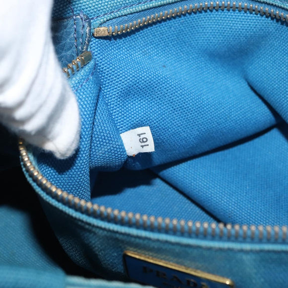 PRADA Canapa MM Hand Bag Canvas Light Blue Gold Auth 178585