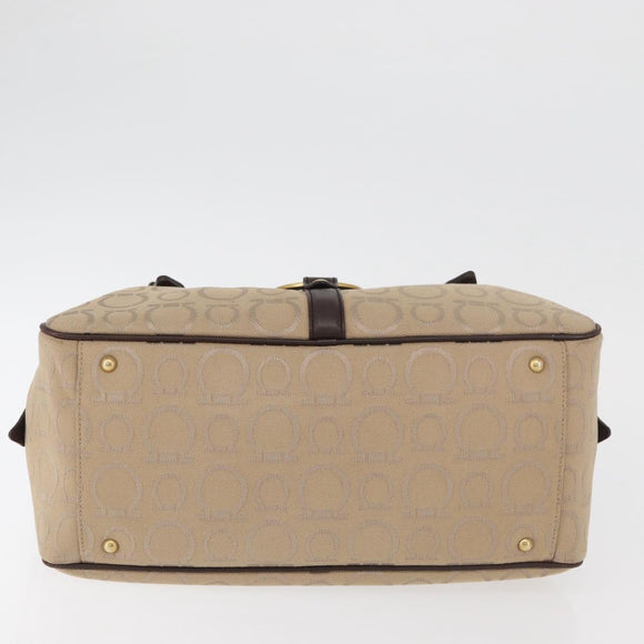Salvatore Ferragamo Gancini Hand Bag Canvas Beige Gold Auth 178645A