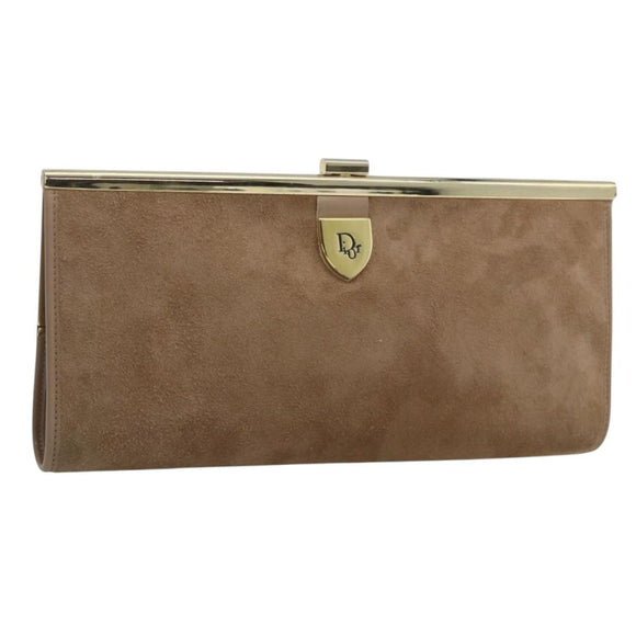 Christian Dior Clutch Bag Suede Beige Gold Auth 178646A