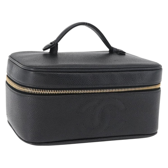 CHANEL COCO Mark Vanity Hand Bag Caviar Skin Black Gold CC Auth 178691