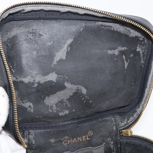 CHANEL COCO Mark Vanity Hand Bag Caviar Skin Black Gold CC Auth 178691