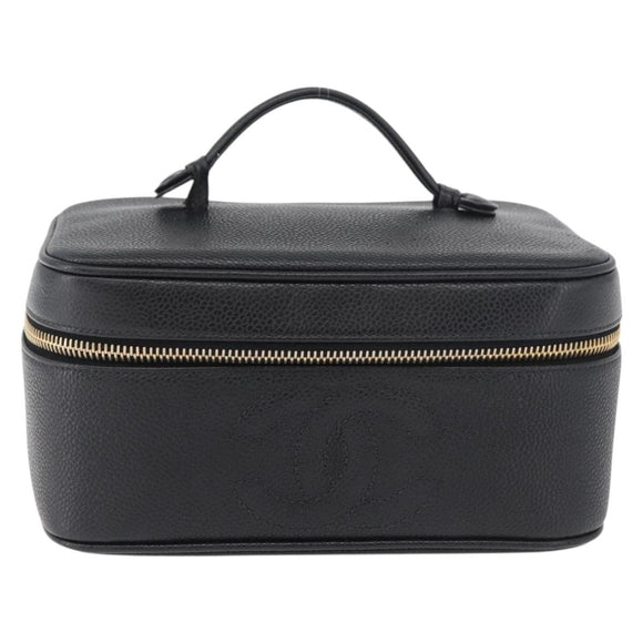 CHANEL COCO Mark Vanity Hand Bag Caviar Skin Black Gold CC Auth 178691