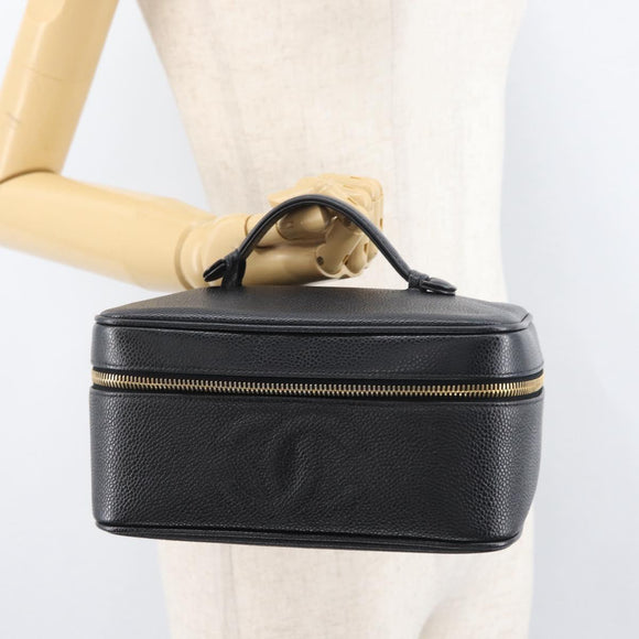 CHANEL COCO Mark Vanity Hand Bag Caviar Skin Black Gold CC Auth 178691