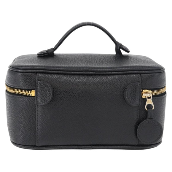 CHANEL COCO Mark Vanity Hand Bag Caviar Skin Black Gold CC Auth 178691