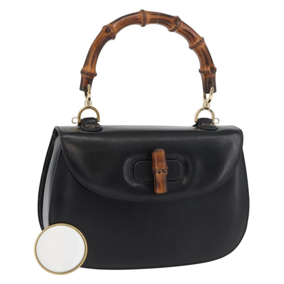 GUCCI Bamboo Hand Bag Leather Black Gold 000 1227 0633 Auth 178723V