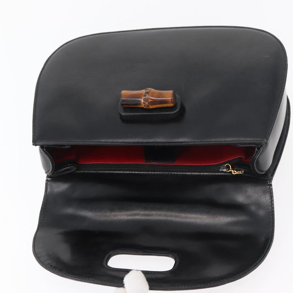 GUCCI Bamboo Hand Bag Leather Black Gold 000 1227 0633 Auth 178723V