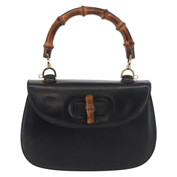 GUCCI Bamboo Hand Bag Leather Black Gold 000 1227 0633 Auth 178723V