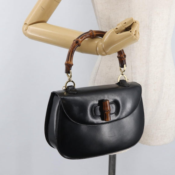 GUCCI Bamboo Hand Bag Leather Black Gold 000 1227 0633 Auth 178723V