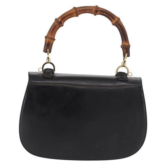 GUCCI Bamboo Hand Bag Leather Black Gold 000 1227 0633 Auth 178723V